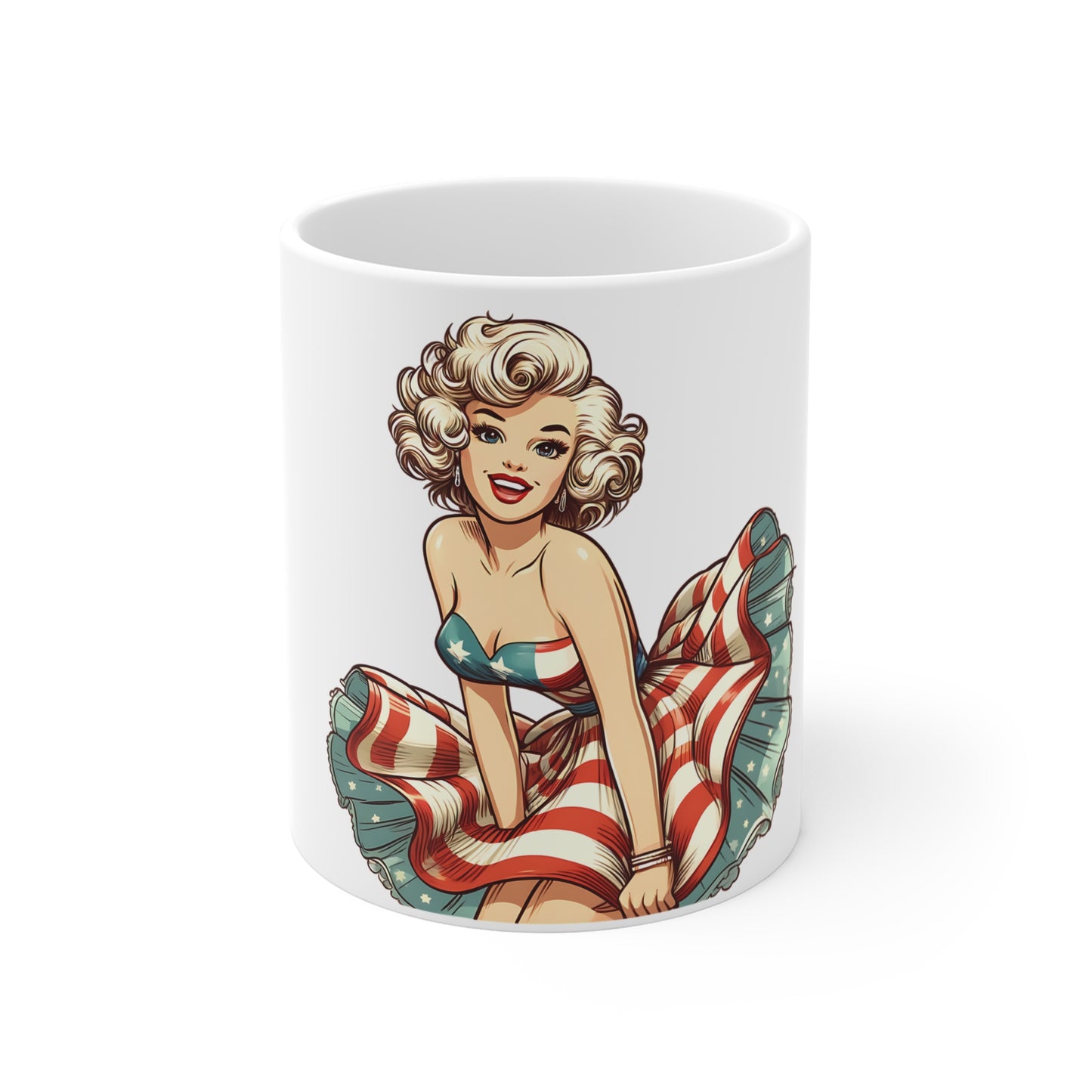 Patriotic Pin-Up Classic Mug – Vintage Americana Woman Coffee Mug – Retro USA Flag Dress Cup – Timeless American Beauty Mug – Fourth of July Gift Patriotic Pin-Up 11oz Coffee Mug