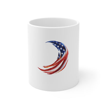 Patriotic American Flag Crescent Moon Mug - 11oz USA Stars & Stripes Coffee Cup