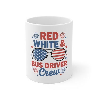Red White & Bus Driver Crew Mug — 11oz Patriotic School Bus Driver Coffee Cup