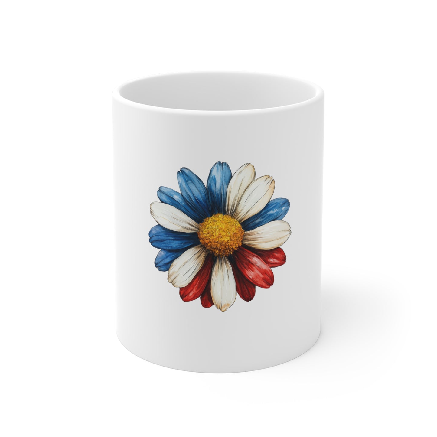 Patriotic Daisy 11oz Mug – Red White Blue Floral Coffee Cup