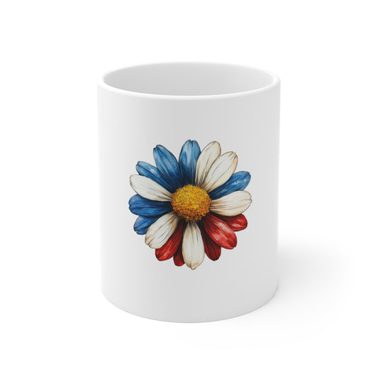 Patriotic Daisy 11oz Mug – Red White Blue Floral Coffee Cup