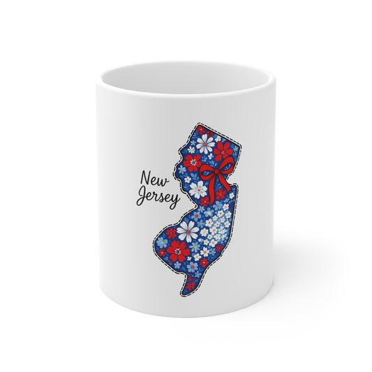 New Jersey Floral State Map Mug — 11oz Patriotic Red & Blue Coffee Cup