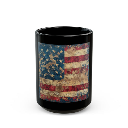Distressed American Flag Black Mug — Vintage USA Patriotic Coffee Cup (11oz & 15oz)