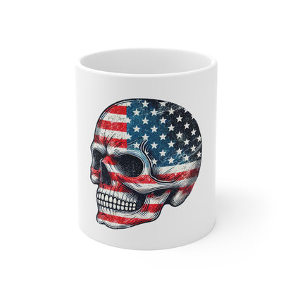 Patriotic Skull Profile Coffee Mug – American Flag Side Skull Mug – Distressed USA Grunge Skull Cup – Bold Americana Gift Mug 11oz