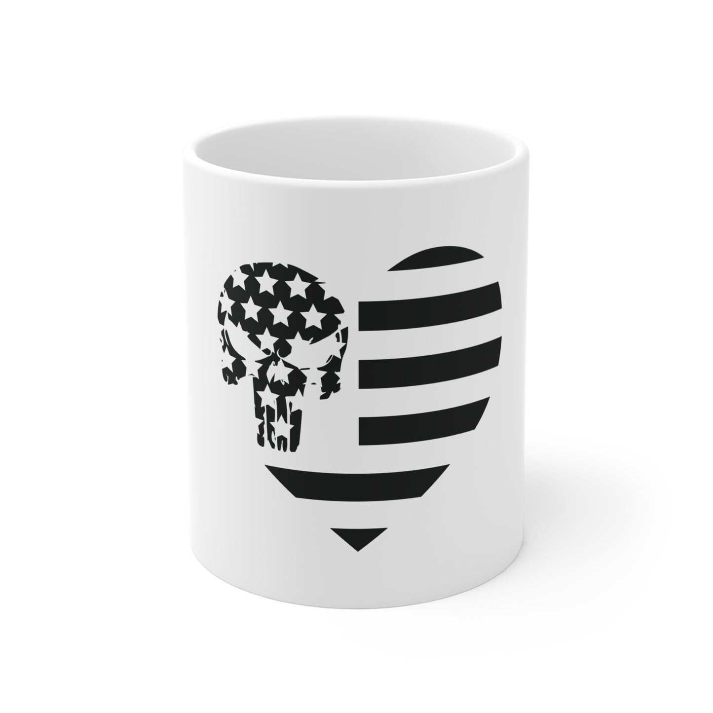 Black Minimalist Skull Flag Coffee Mug – Geometric USA Skull Mug – Stealth Patriotic Icon Cup – Modern Americana Gift Mug 11oz