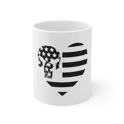 Black Minimalist Skull Flag Coffee Mug – Geometric USA Skull Mug – Stealth Patriotic Icon Cup – Modern Americana Gift Mug 11oz
