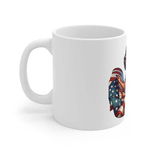 Patriotic Pin-Up Flag Dress Mug – Vintage Americana Woman Coffee Mug – Retro USA Stars and Stripes Cup – Bold American Beauty Mug – Fourth of July Gift American Pinup Mug – Retro Patriotic 11oz Coffee...