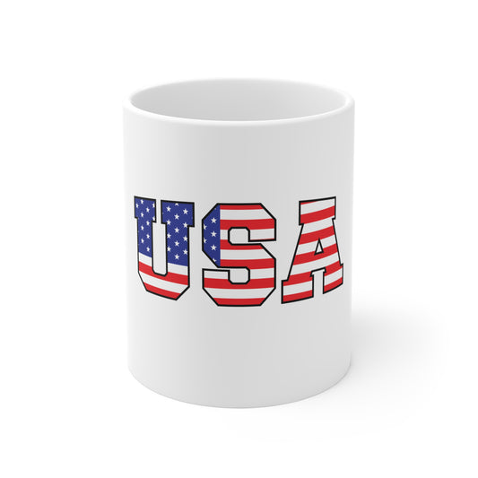 USA American Flag Varsity Mug – Red White Blue Patriotic Coffee Mug – Bold USA Letter Cup – Classic Americana Gift Mug 11oz