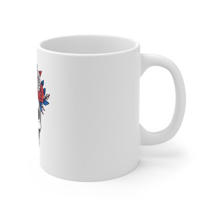 Skull with Red & Blue Rose Crown 11oz Coffee Mug — Gothic Floral Day of the Dead Gift