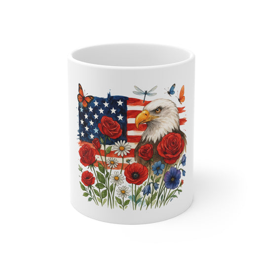 Patriotic Eagle Mug – American Flag, Red Poppies & Wildflowers Coffee Cup (11 oz)