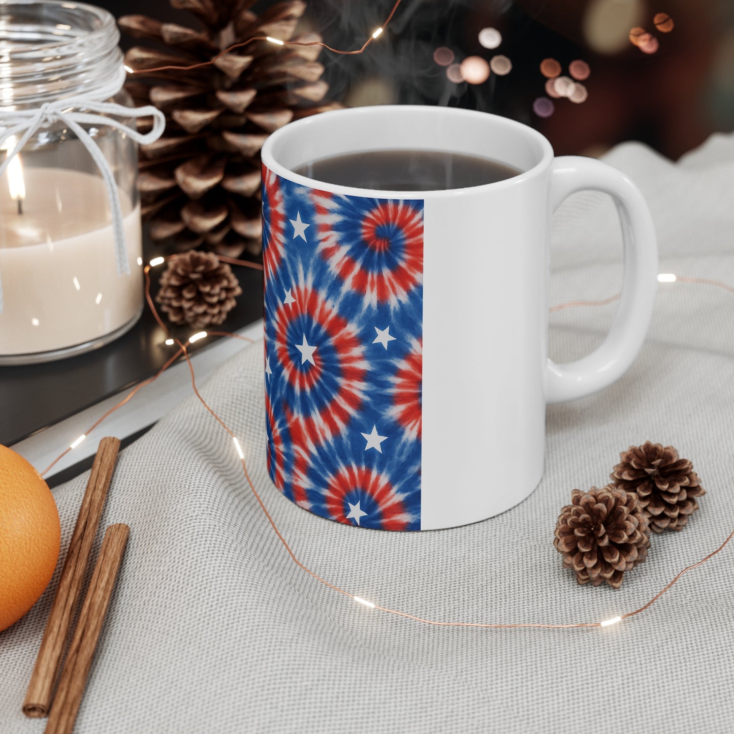 Patriotic Tie Dye Starburst Coffee Mug – Red White Blue Spiral Mug – Firework Style USA Mug – Retro 4th of July Mug 11oz