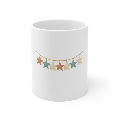 Patriotic Star Garland Coffee Mug – Americana Banner Mug – Rustic 4th of July Decor Mug – Red White Blue Star Bunting Mug 11oz