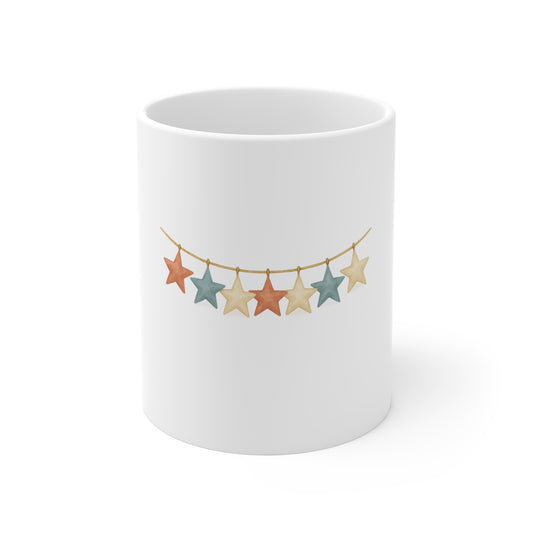 Patriotic Star Garland Coffee Mug – Americana Banner Mug – Rustic 4th of July Decor Mug – Red White Blue Star Bunting Mug 11oz
