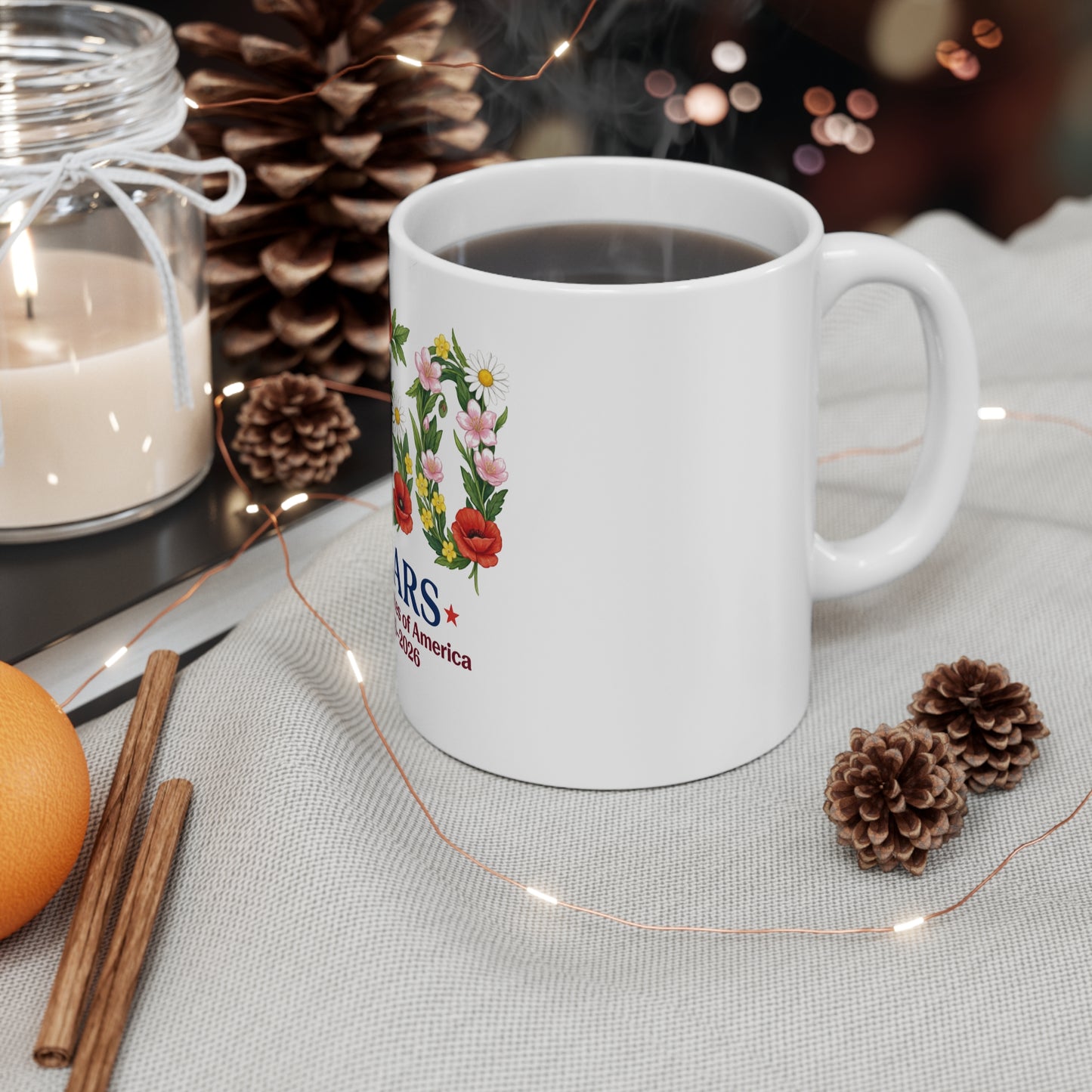 USA 250 Years Floral Coffee Mug – Patriotic Wildflower Anniversary Mug – 1776–2026 America Celebration Mug 11oz