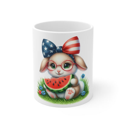 Cute Patriotic Bunny Coffee Mug – Watermelon Bunny Mug – Kawaii USA Rabbit Mug – Red White Blue Summer Gift Cup 11oz