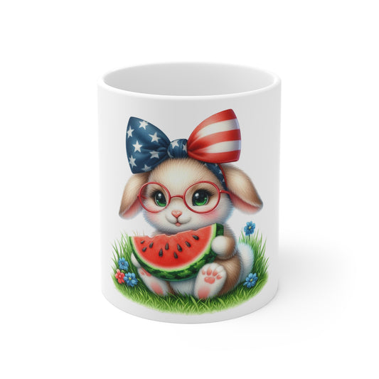 Cute Patriotic Bunny Coffee Mug – Watermelon Bunny Mug – Kawaii USA Rabbit Mug – Red White Blue Summer Gift Cup 11oz