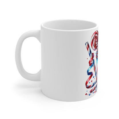Patriotic Candy Sundae Coffee Mug – Red White Blue Ice Cream Mug – 4th of July Dessert Cup with Lollipop & Star Cookie Patriotic Red White & Blue Dessert Mug — 11oz Fourth of July Coffee Cup