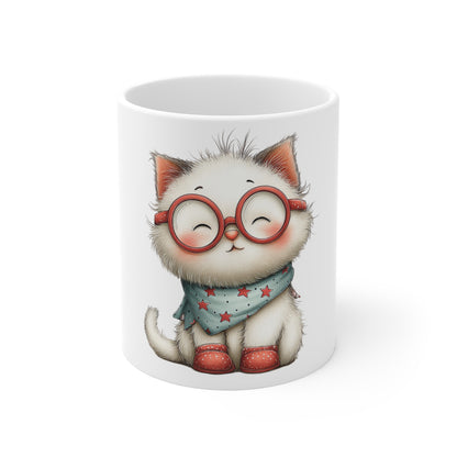 Cute Patriotic Kitten with Glasses Mug – Nerdy Cat Americana Coffee Mug – Red White Blue Cat Lover Gift – Adorable Smart Cat Mug Cute Kitty Mug — Adorable Cat with Glasses and Scarf 11oz