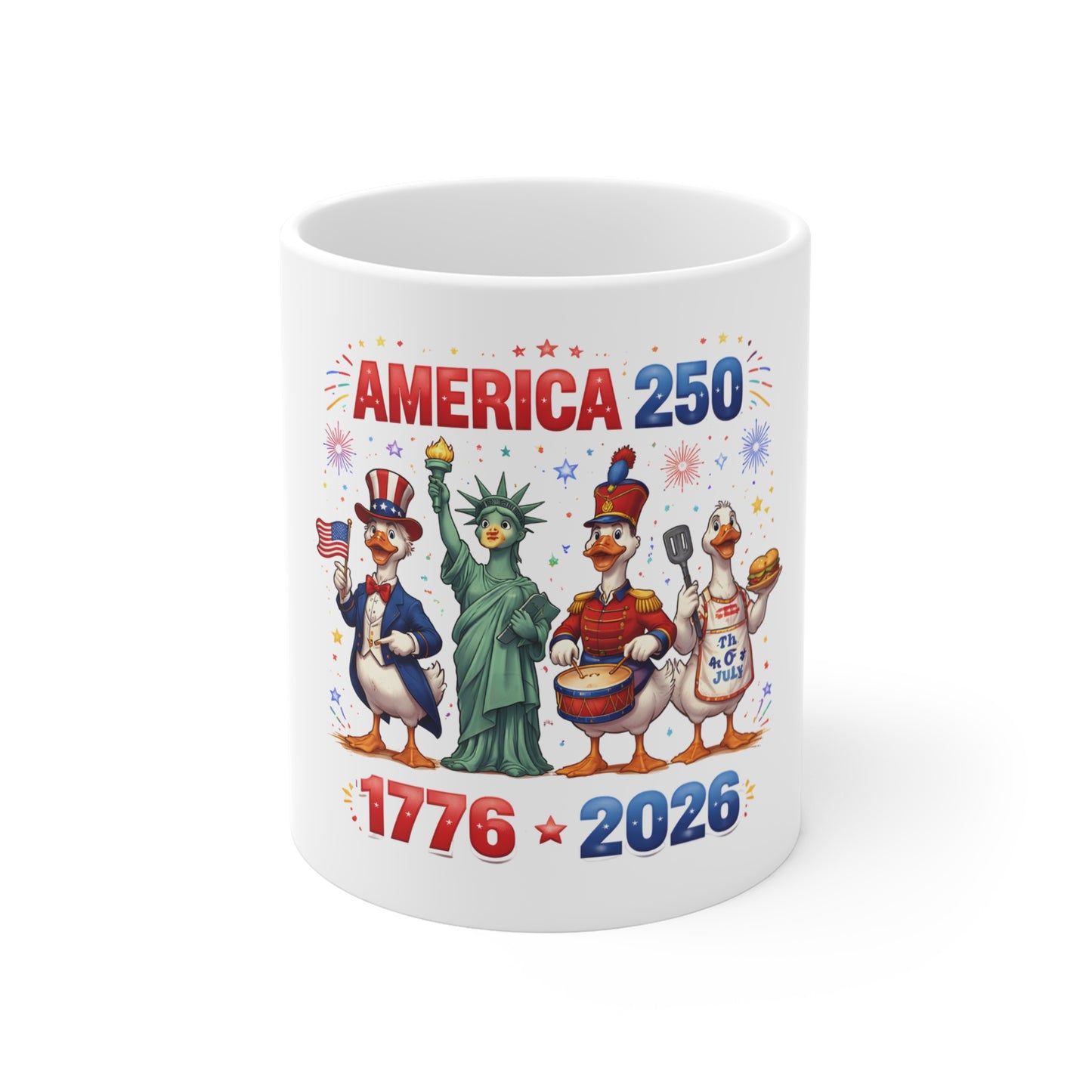 America 250 Ducks Mug 1776–2026 – Funny Patriotic Coffee Cup – 4th of July Cartoon USA Anniversary Mug 11oz