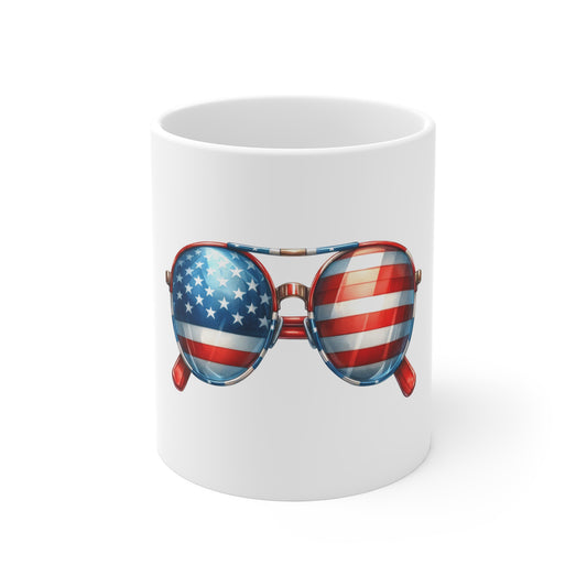American Flag Sunglasses Mug – Patriotic 11oz Coffee Cup