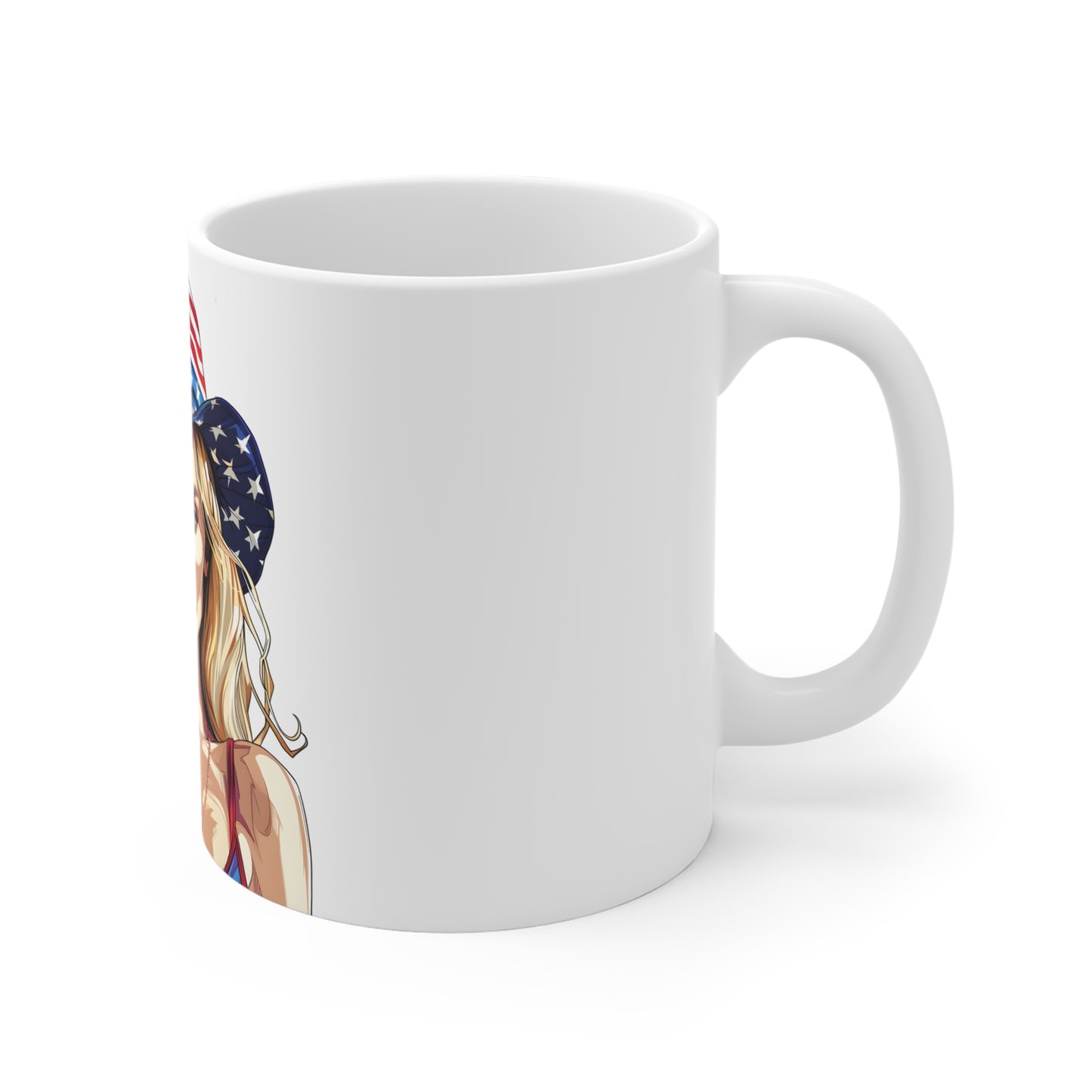 Patriotic Star-Spangled Cowgirl Coffee Mug – USA Flag Hat Portrait Mug – Bold Americana Woman Art Cup – 4th of July Gift Mug 11oz