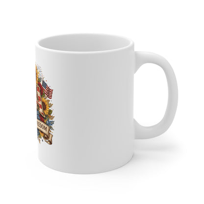 USA 250 Years of Freedom Mug – Patriotic Sunflower Floral Coffee Mug – American Flag Vintage Celebration Cup – 4th of July Gift Mug 11oz