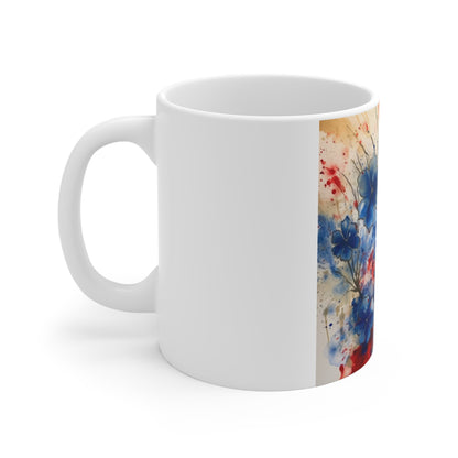 Patriotic Blue Floral Coffee Mug – Watercolor Splash Flower Mug – Red White Blue Artistic Bloom Cup – Americana Art Mug Blue & Red Watercolor Floral Mug — 11oz Artistic Flower Coffee Cup