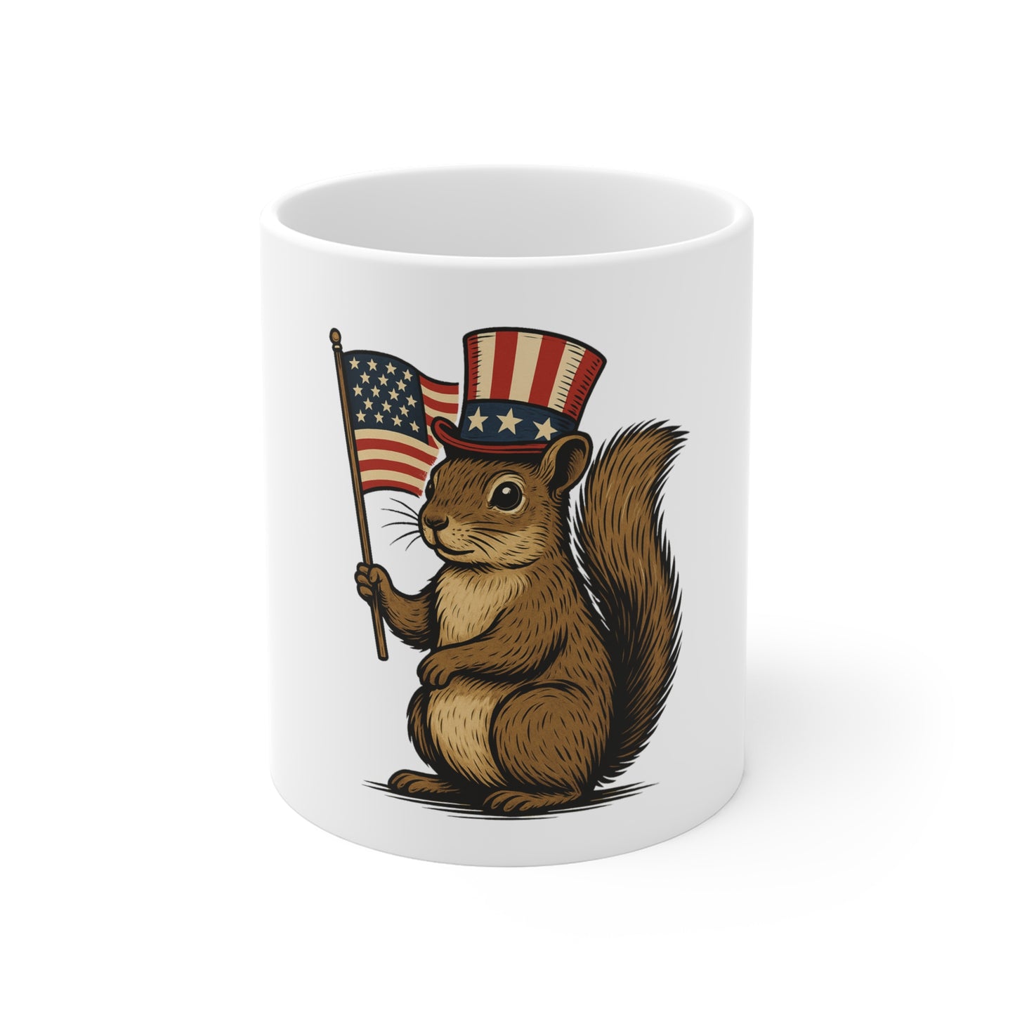 Patriotic Squirrel 11oz Mug — Cute USA Flag & Uncle Sam Hat Coffee Cup