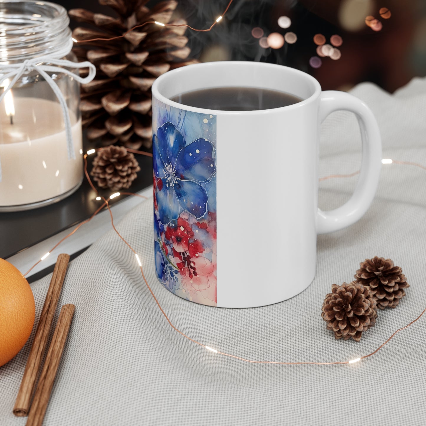Patriotic Floral Watercolor Coffee Mug – Blue Red Botanical Mug – Soft Americana Flower Cup – Elegant Artistic Gift Mug Blue & Red Watercolor Floral Mug - 11oz Artistic Spring Coffee Cup
