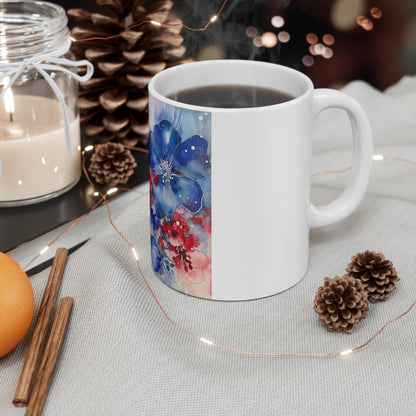 Patriotic Floral Watercolor Coffee Mug – Blue Red Botanical Mug – Soft Americana Flower Cup – Elegant Artistic Gift Mug Blue & Red Watercolor Floral Mug - 11oz Artistic Spring Coffee Cup