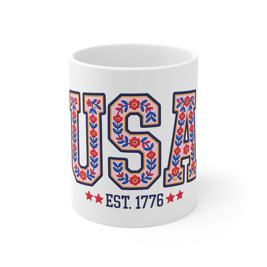 USA Floral Vintage 11oz Mug — EST. 1776 Patriotic Coffee Cup