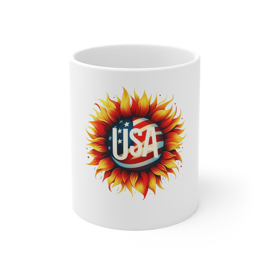 USA Sunflower Mug — Patriotic 11oz Coffee Cup for 4th of July & Everyday