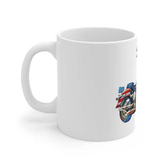 Patriotic Watercolor Motorcycle Mug – American Flag Bike Coffee Mug – USA Biker Art Cup – Vintage Americana Rider Gift 11oz