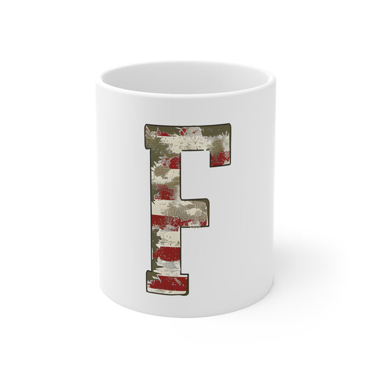 Patriotic Letter F Coffee Mug – American Flag Initial Mug – Rustic USA Monogram Mug – Vintage Americana Alphabet Gift Mug 11oz