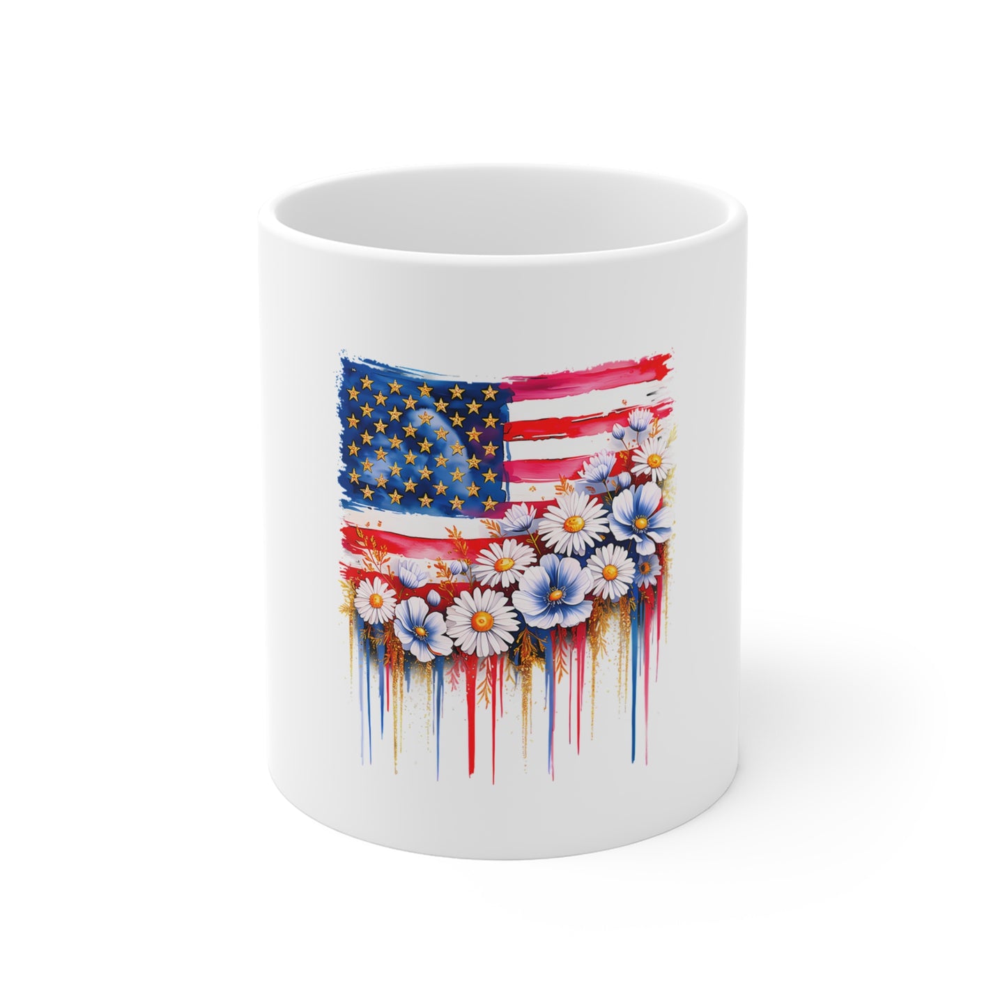 Patriotic Daisy American Flag Mug — 11oz Floral USA Coffee Cup