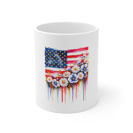 Patriotic Daisy American Flag Mug — 11oz Floral USA Coffee Cup