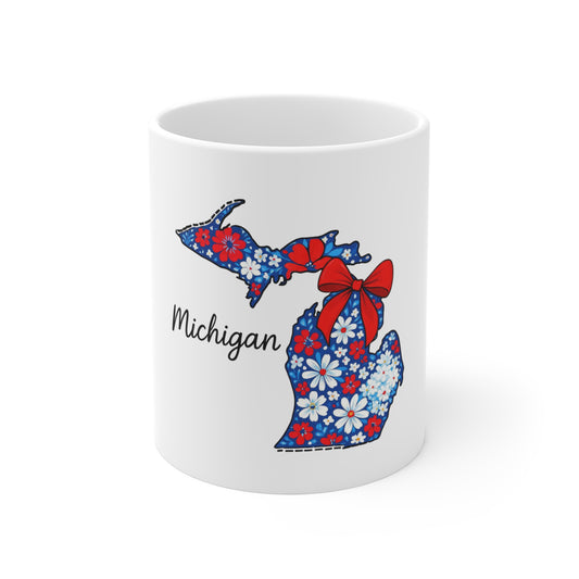 Michigan Floral State Mug — Red & Blue Daisy Map with Bow (11oz)