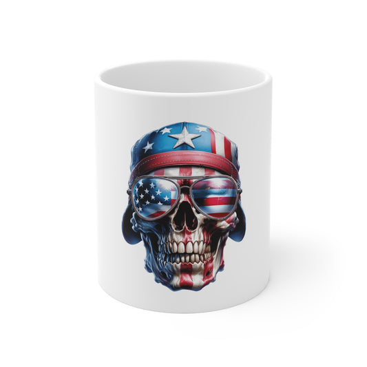 Patriotic Abstract Skull Coffee Mug – Glitch Art American Flag Skull Mug – Modern USA Digital Art Cup – Bold Statement Mug Mug 11oz