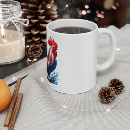 Patriotic Rooster Coffee Mug – Watercolor American Flag Chicken Mug – Red White Blue Farmhouse Rooster Cup – USA Gift Patriotic Rooster Coffee Mug — American Flag Rooster 11oz