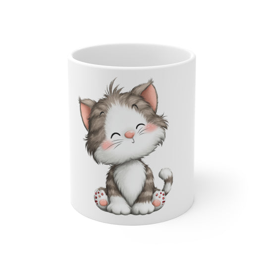 Cute Smiling Kitten Mug – Adorable Happy Cat Coffee Mug – Sweet Cartoon Kitten Cup – Cat Lover Gift Mug Cute Smiling Kitten Mug — 11oz Ceramic Coffee Cup for Cat Lovers