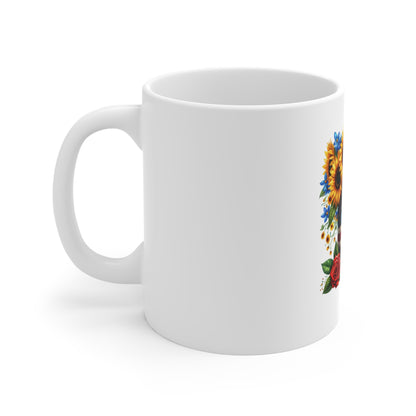 American Flag Cowboy Boots Mug — Sunflowers, Roses & Patriotic Design (11oz)