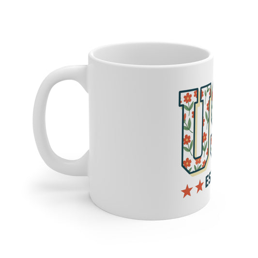 USA Est 1776 Retro Floral Coffee Mug – Vintage Botanical Patriotic Mug – Warm Tone Americana Flower Cup – Stylish USA Gift Mug 11oz