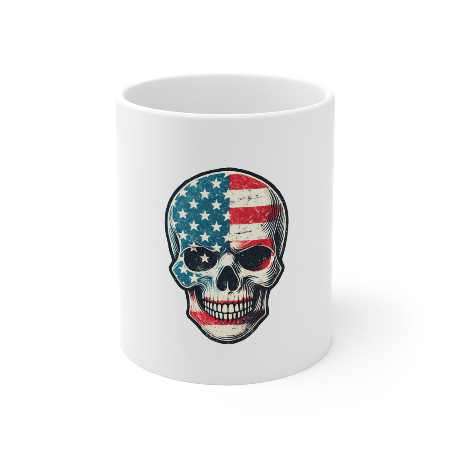 American Flag Skull Mug — Patriotic 11oz Coffee Cup