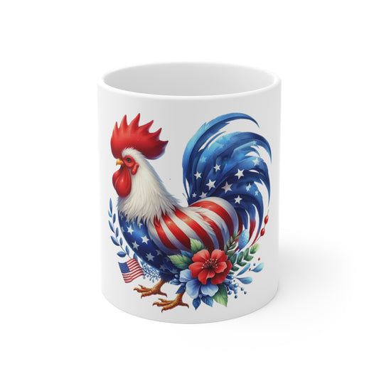 Patriotic Rooster Coffee Mug – American Flag Floral Rooster – Red White Blue Farmhouse Flower Mug – USA Pride Gift Patriotic Rooster Mug — American Flag 11oz Coffee Cup