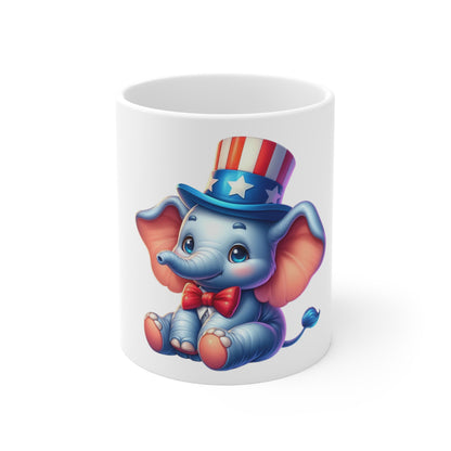 Cute Patriotic Elephant Coffee Mug – Uncle Sam Elephant Mug – Red White Blue Animal Cup – Adorable Americana Gift Mug 11oz