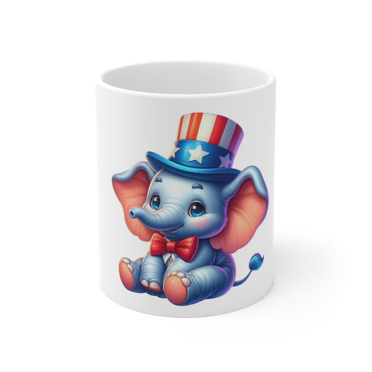 Cute Patriotic Elephant Coffee Mug – Uncle Sam Elephant Mug – Red White Blue Animal Cup – Adorable Americana Gift Mug 11oz