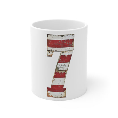 Distressed American Flag Number 7 Coffee Mug – Vintage Patriotic Number Mug – Rustic USA Stripe Flag Cup – Americana Gift Mug 11oz