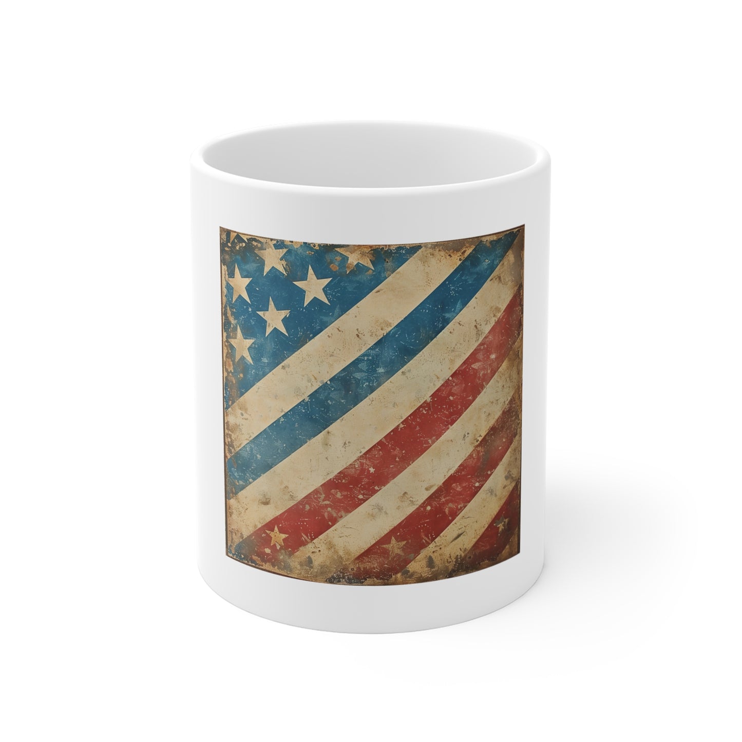 Vintage American Flag Coffee Mug – Distressed Diagonal USA Flag Mug – Rustic Patriotic Coffee Cup – Antique Americana Gift American Flag Vintage 11oz Mug — Distressed Patriotic Coffee Cup