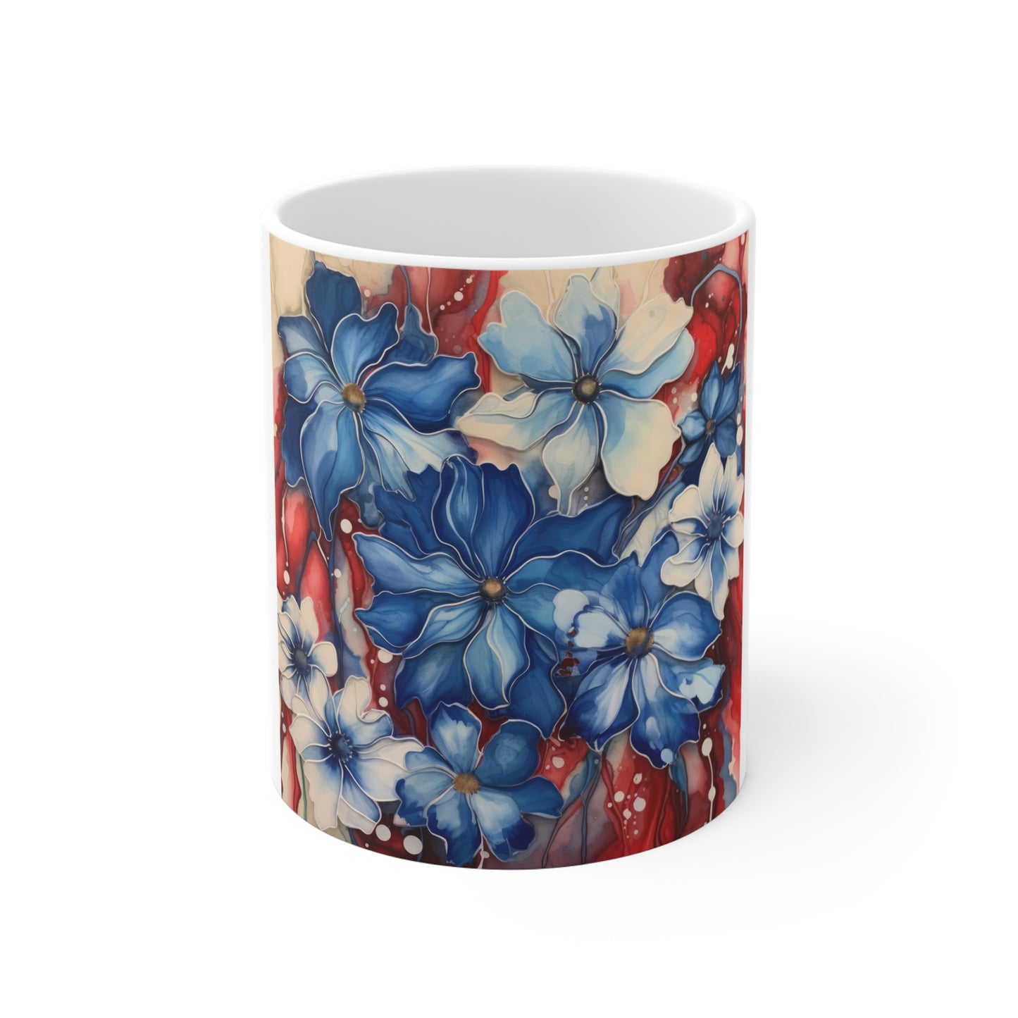 Patriotic Blue Floral Coffee Mug – Layered Watercolor Flower Mug – Red White Blue Botanical Art Cup – Elegant Americana Mug Floral Stars Red White & Blue 11oz Ceramic Mug