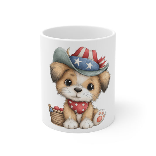Cute Patriotic Puppy Cowboy Mug – 4th of July Dog Coffee Mug – Red White Blue Bandana Puppy Cup – Adorable Americana Pet Lover Gift Mug 11oz